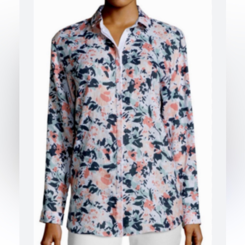 Lafayette 148 New York Sabira Bloom Linen Blouse Size L Blue Pink Linen Fall